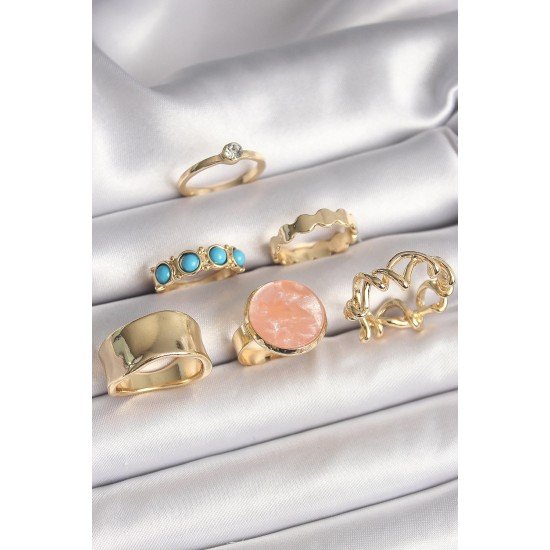 Özel Pirinç Gold Renk Daire Pembe Mineli Zirkon Taş Detaylı 6'Lı Kadın Yüzük Seti Fırsat!!!