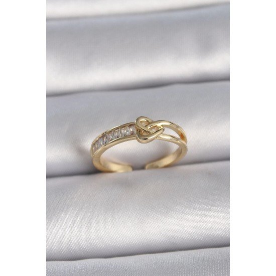 Özel Pirinç Gold Renk Ayarlanabilir Zirkon Taşlı Düğüm Kalp Model Kadın Yüzük Fırsat!!!