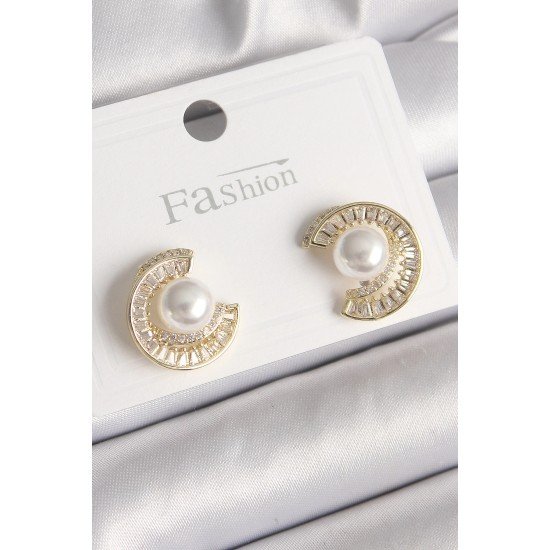 Özel Pirinç Gold Renk Zirkon Taşlı Salyangoz Model İnci Detay Kadın Küpe Fırsat!!!