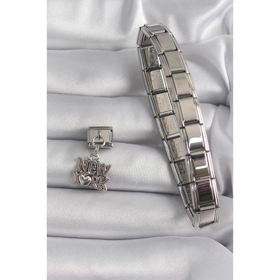 Özel Çelik Renk Sallantı New York Yazı Model Nomination Charm Fırsat!!!