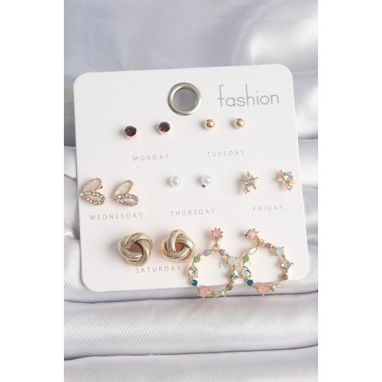 Özel Pirinç Gold Renk Renkli Zirkon Taşlı Kalp Detay 7 Çift Kadın Küpe Seti Fırsat!!!