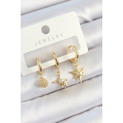 Özel Pirinç Zirkon Taşlı Yıldız Model Gold Renk 3'Lü Çift Kadın Küpe Set Fırsat!!!