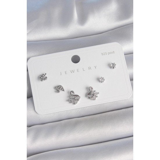 Özel Pirinç Renk Zirkon Taşlı Kuğu Model 925 Ayar Çivi Kadın Küpe Seti Fırsat!!!