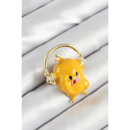 Özel 3D Kulaklıklı Sarı Civciv Figürlü Gold Renk Kadın Broş Fırsat!!!