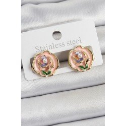 Özel Pirinç Pembe Mineli Çiçek Figürlü Sanatsal Portre Model Gold Renk Kadın Küpe Fırsat!!!