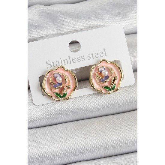 Özel Pirinç Pembe Mineli Çiçek Figürlü Sanatsal Portre Model Gold Renk Kadın Küpe Fırsat!!!