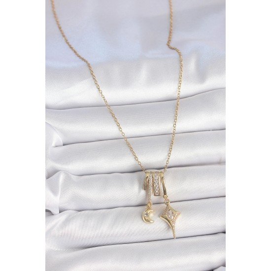 Özel Çelik Gold Renk Zirkon Taşlı Sallantı Ay Yıldız Figür Charm Kadın Kolye Fırsat!!!