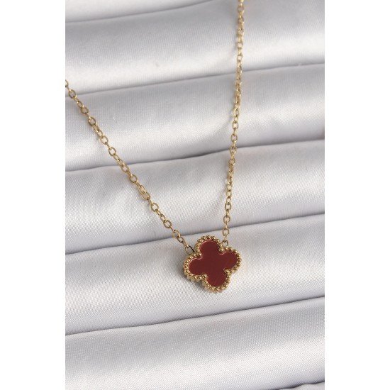 Özel Çelik Gold Renk Bordo Yonca Model Kadın Kolye Fırsat!!!