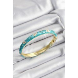 Özel Mineli Pirinç Krem Ve Turkuaz Yaprak Motifli Gold Renk Kadın Kelepçe Fırsat!!!