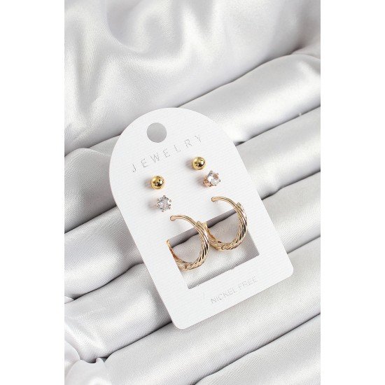 Özel Pirinç Zirkon Taş Ve Halka Figürlü Gold Renk 3'Lü Çift Kadın Küpe Set Fırsat!!!