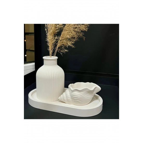 Dekoratif 3 Parça Vazo Seti Oval Tepsi ,Pampas Vazo ve Deniz Kabuğu Şamdan Mumluk Seti Biblo