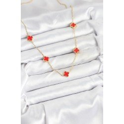 Özel Çelik Zincir Gold Renk Kırmızı Boy Yonca Kadın Kolye Fırsat!!!