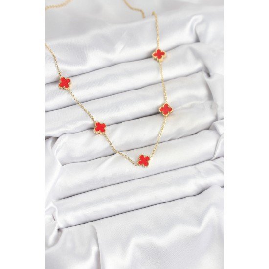 Özel Çelik Zincir Gold Renk Kırmızı Boy Yonca Kadın Kolye Fırsat!!!