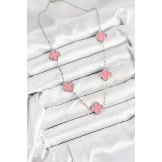 Özel Çelik Zincir Pembe Renk Yonca Kadın Kolye Fırsat!!!