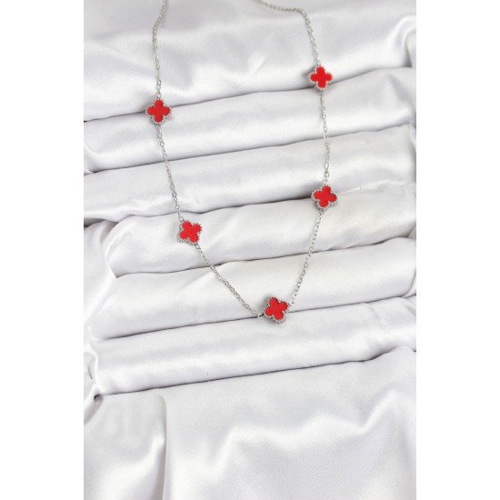 Özel Çelik Zincir Renk Kırmızı Boy Yonca Kadın Kolye Fırsat!!!