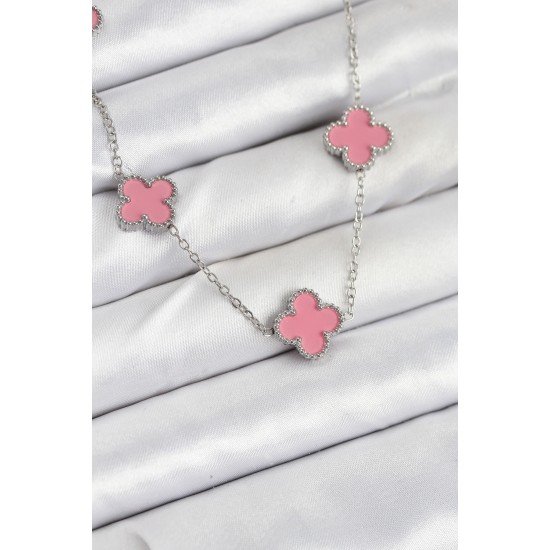 Özel Çelik Zincir Pembe Renk Yonca Kadın Kolye Fırsat!!!