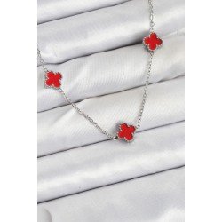 Özel Çelik Zincir Renk Kırmızı Boy Yonca Kadın Kolye Fırsat!!!