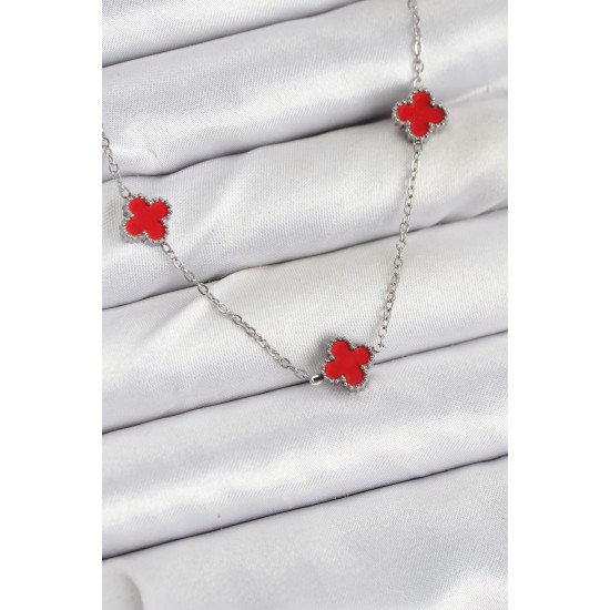 Özel Çelik Zincir Renk Kırmızı Boy Yonca Kadın Kolye Fırsat!!!