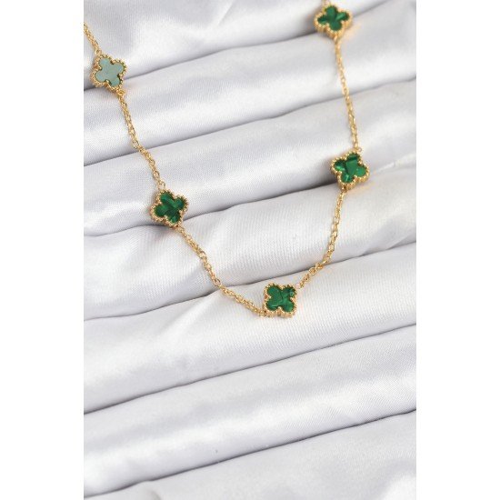 Özel Çelik Zincir Gold Renk Yeşil Boy Yonca Kadın Kolye Fırsat!!!