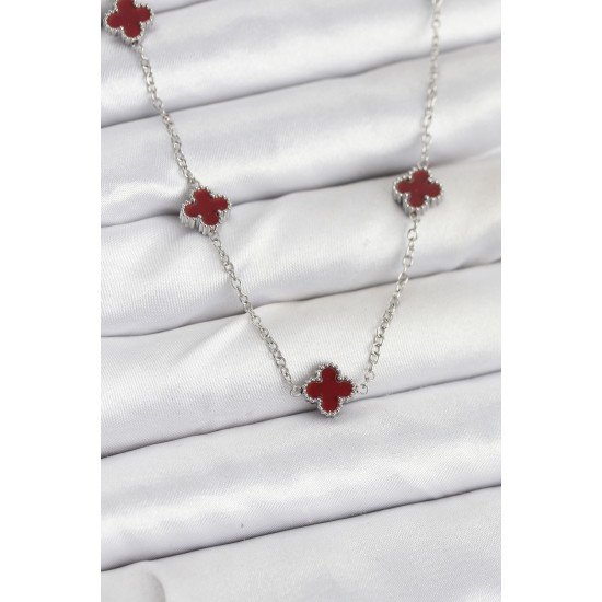 Özel Çelik Zincir Renk Bordo Boy Yonca Kadın Kolye Fırsat!!!