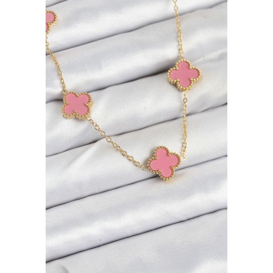 Özel Çelik Zincir Gold Pembe Renk Yonca Kadın Kolye Fırsat!!!