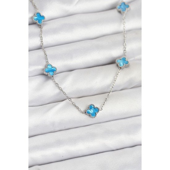 Özel Çelik Zincir Renk Buz Mavisi Boy Yonca Kadın Kolye Fırsat!!!