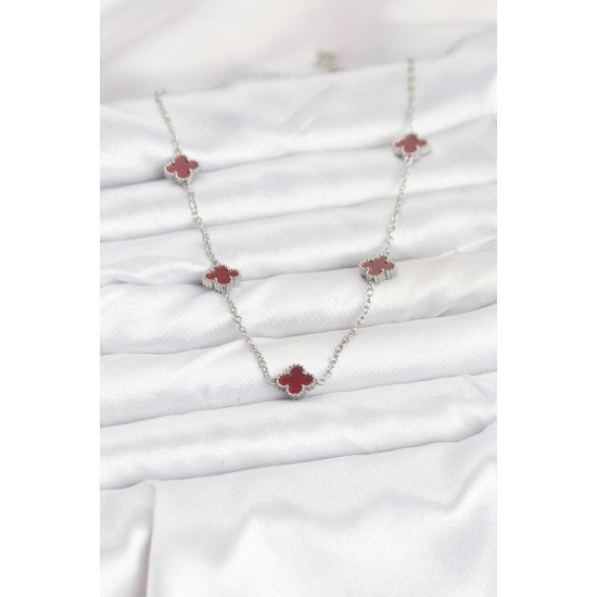 Özel Çelik Zincir Renk Bordo Boy Yonca Kadın Kolye Fırsat!!!