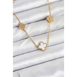 Özel Çelik Zincir Gold Renk Beyaz Ve Zirkon Taşlı Yonca Kadın Kolye Fırsat!!!