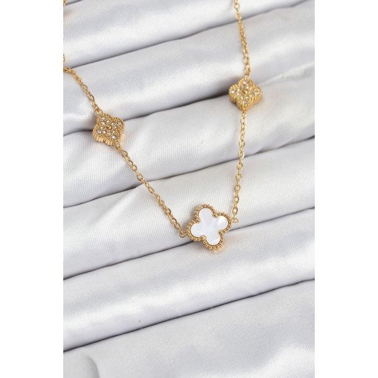 Özel Çelik Zincir Gold Renk Beyaz Ve Zirkon Taşlı Yonca Kadın Kolye Fırsat!!!