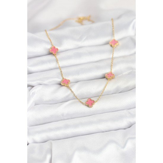 Özel Çelik Zincir Gold Renk Pembe Boy Yonca Kadın Kolye Fırsat!!!