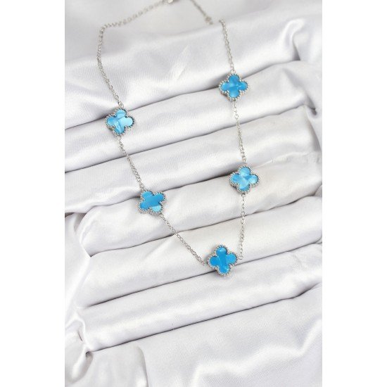 Özel Çelik Zincir Buz Mavisi Renk Yonca Kadın Kolye Fırsat!!!