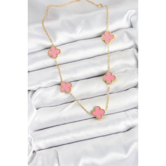 Özel Çelik Zincir Gold Pembe Renk Yonca Kadın Kolye Fırsat!!!