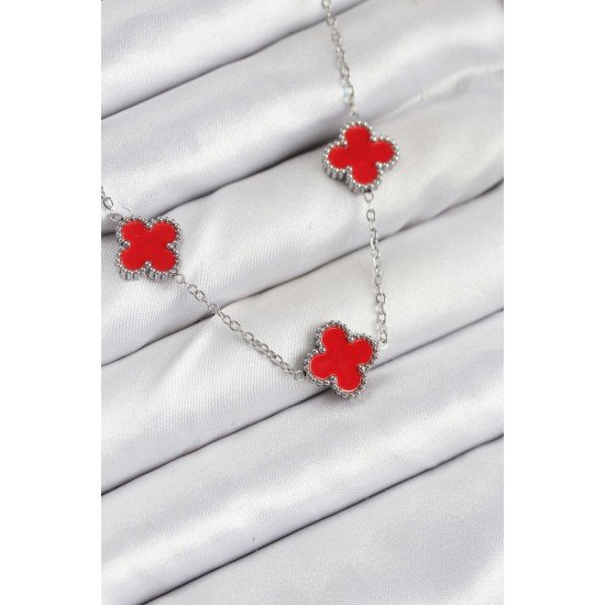 Özel Çelik Zincir Kırmızı Renk Yonca Kadın Kolye Fırsat!!!