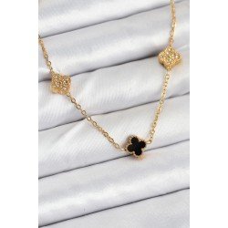 Özel Çelik Zincir Gold Renk Siyah Ve Zirkon Taşlı Boy Yonca Kadın Kolye Fırsat!!!