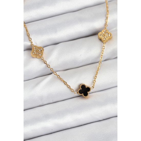 Özel Çelik Zincir Gold Renk Siyah Ve Zirkon Taşlı Boy Yonca Kadın Kolye Fırsat!!!