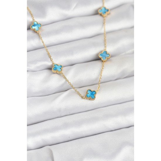 Özel Çelik Zincir Gold Renk Buz Mavisi Boy Yonca Kadın Kolye Fırsat!!!
