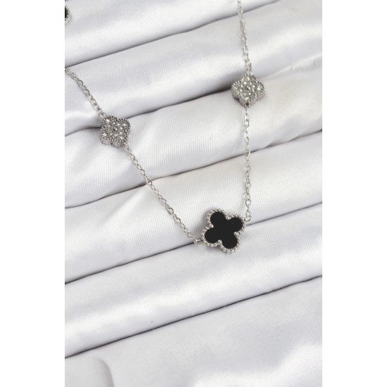 Özel Çelik Zincir Renk Siyah Ve Zirkon Taşlı Yonca Kadın Kolye Fırsat!!!