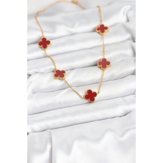 Özel Çelik Gold Renk Zincir Bordo Yonca Kadın Kolye Fırsat!!!