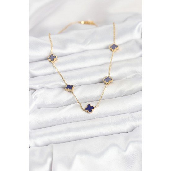 Özel Çelik Zincir Gold Renk Lacivert Boy Yonca Kadın Kolye Fırsat!!!