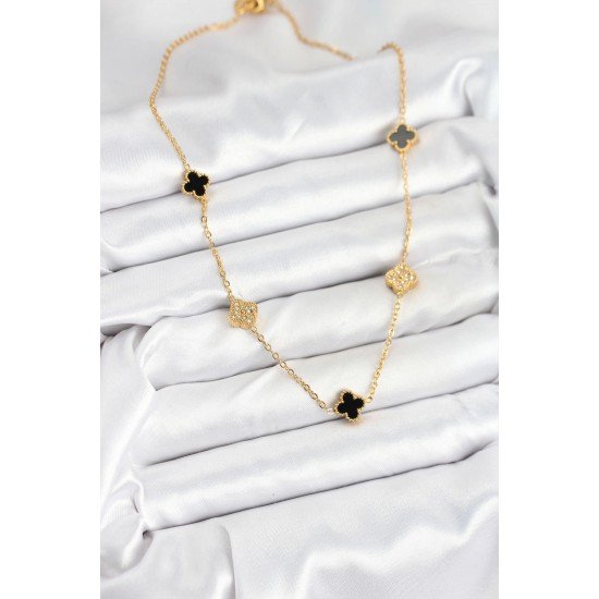 Özel Çelik Zincir Gold Renk Siyah Ve Zirkon Taşlı Boy Yonca Kadın Kolye Fırsat!!!