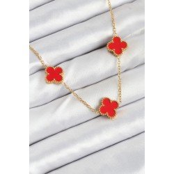 Özel Çelik Zincir Gold Kırmızı Renk Yonca Kadın Kolye Fırsat!!!