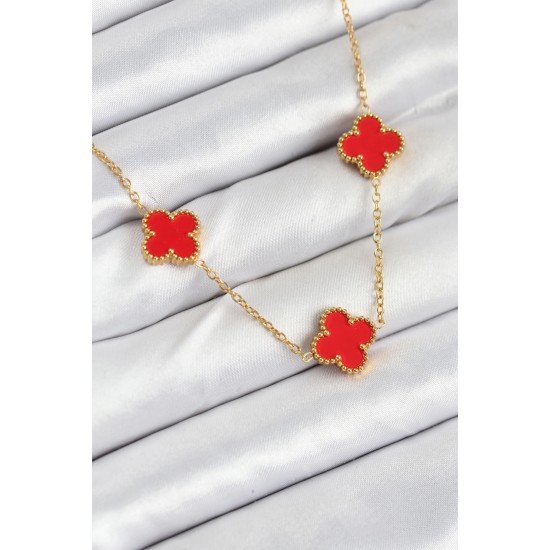 Özel Çelik Zincir Gold Kırmızı Renk Yonca Kadın Kolye Fırsat!!!