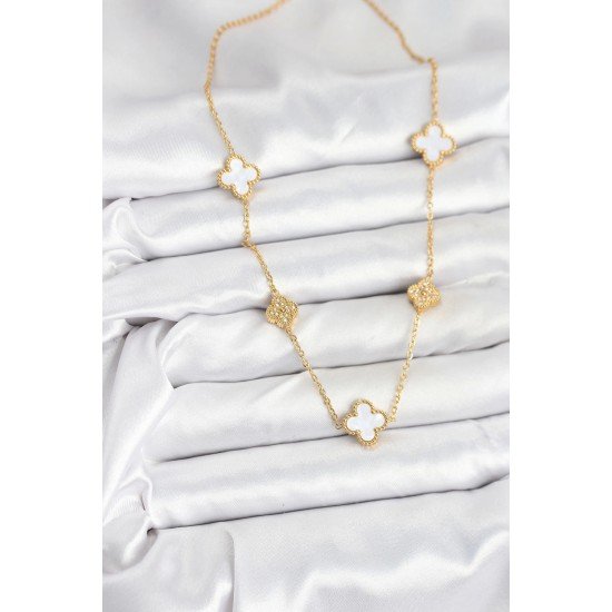 Özel Çelik Zincir Gold Renk Beyaz Ve Zirkon Taşlı Yonca Kadın Kolye Fırsat!!!