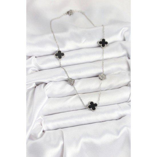 Özel Çelik Zincir Renk Siyah Ve Zirkon Taşlı Yonca Kadın Kolye Fırsat!!!