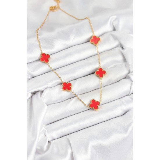 Özel Çelik Zincir Gold Kırmızı Renk Yonca Kadın Kolye Fırsat!!!