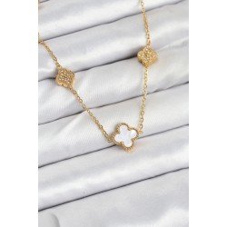 Özel Çelik Zincir Gold Renk Beyaz Ve Zirkon Taşlı Yonca Kadın Kolye Fırsat!!!