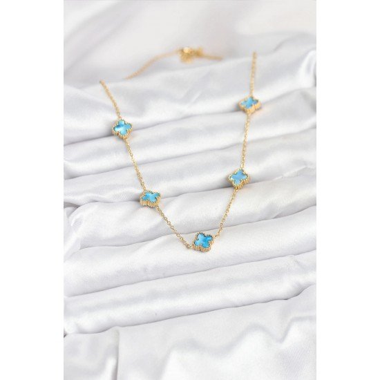 Özel Çelik Zincir Gold Renk Buz Mavisi Boy Yonca Kadın Kolye Fırsat!!!