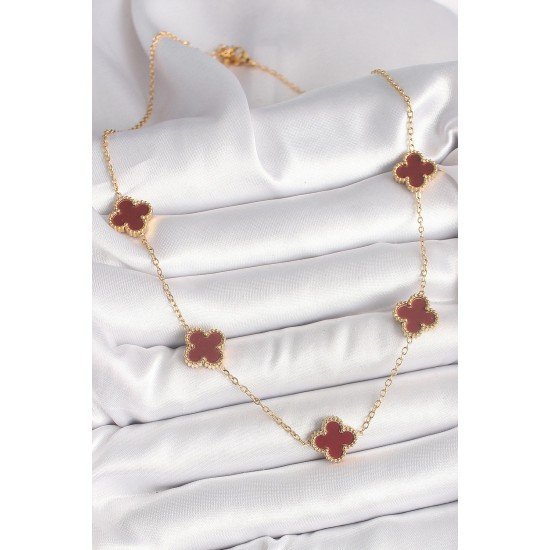 Özel Çelik Gold Renk Zincir Bordo Yonca Model Kadın Kolye Fırsat!!!