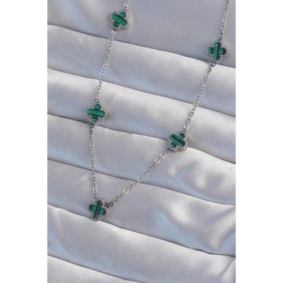 Özel Çelik Renk Minimal Yeşil Mineli Yonca Kolye Fırsat!!!