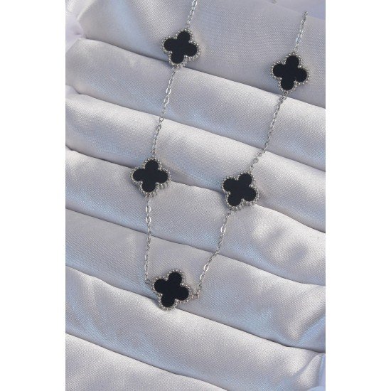 Özel Çelik Renk Siyah Mineli Yonca Kolye Fırsat!!!